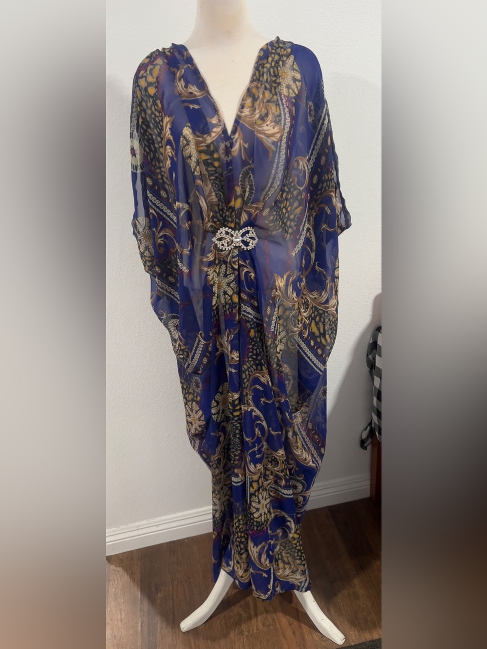 Elegant Blue Sheer Caftan with Gold Paisley Print